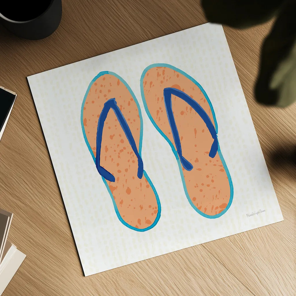 Laguna Flipflops I by Mercedes Lopez Charro. Shown as a detailed flat fine art print, highlighting archival giclee quality. Available as an archival giclee rolled canvas, fine art paper, or poster print. SKU 82204a.