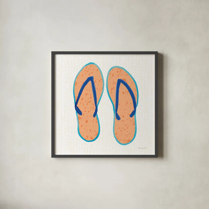 Laguna Flipflops I by Mercedes Lopez Charro. Shown in a sleek black glass frame for a contemporary gallery look. Available as an archival giclee rolled canvas, fine art paper, or poster print. SKU 82204a.