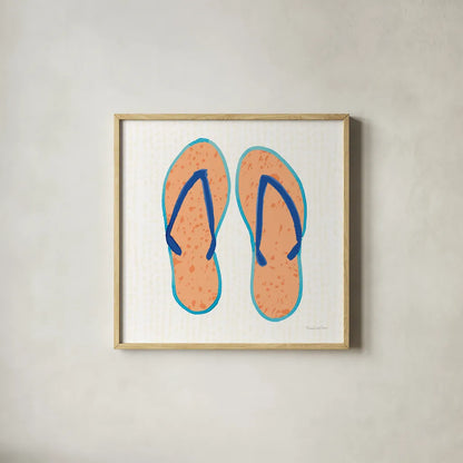 Laguna Flipflops I by Mercedes Lopez Charro. Shown in a natural wood glass frame for a timeless modern aesthetic. Available as an archival giclee rolled canvas, fine art paper, or poster print. SKU 82204a.