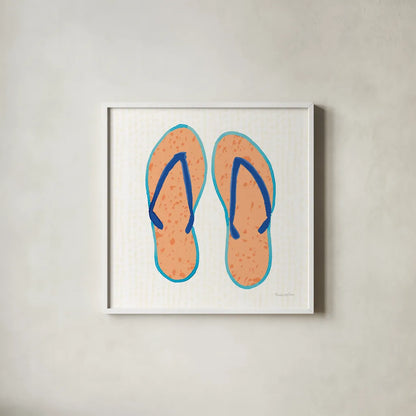 Laguna Flipflops I by Mercedes Lopez Charro. Shown in a crisp white glass frame for a clean and minimalist style. Available as an archival giclee rolled canvas, fine art paper, or poster print. SKU 82204a.