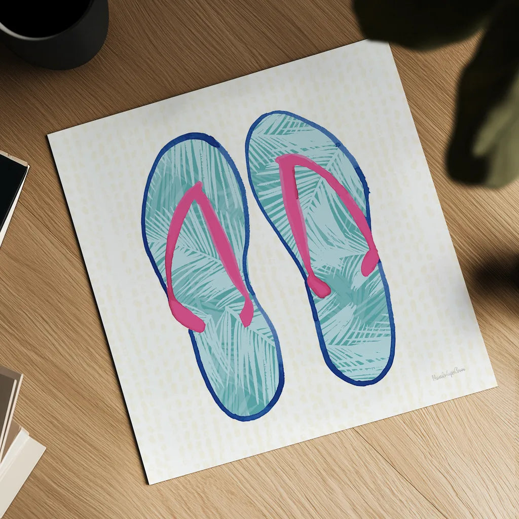 Laguna Flipflops II by Mercedes Lopez Charro. Shown as a detailed flat fine art print, highlighting archival giclee quality. Available as an archival giclee rolled canvas, fine art paper, or poster print. SKU 82205a.