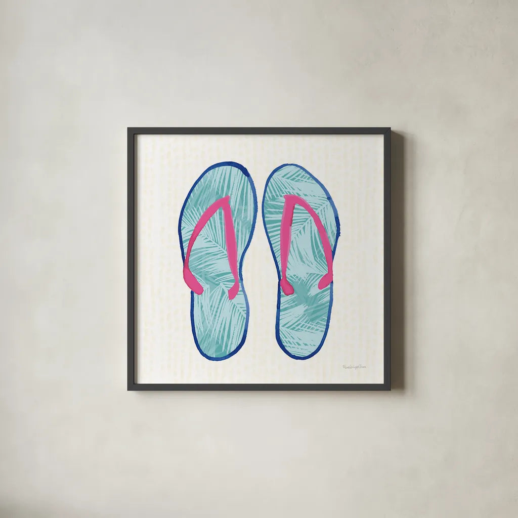 Laguna Flipflops II by Mercedes Lopez Charro. Shown in a sleek black glass frame for a contemporary gallery look. Available as an archival giclee rolled canvas, fine art paper, or poster print. SKU 82205a.