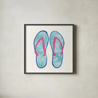 Laguna Flipflops II by Mercedes Lopez Charro. Shown in a sleek black glass frame for a contemporary gallery look. Available as an archival giclee rolled canvas, fine art paper, or poster print. SKU 82205a.