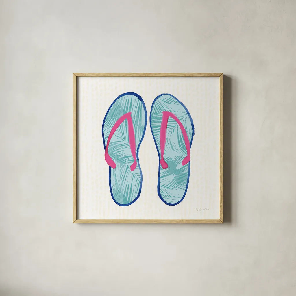 Laguna Flipflops II by Mercedes Lopez Charro. Shown in a natural wood glass frame for a timeless modern aesthetic. Available as an archival giclee rolled canvas, fine art paper, or poster print. SKU 82205a.