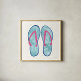 Laguna Flipflops II by Mercedes Lopez Charro. Shown in a natural wood glass frame for a timeless modern aesthetic. Available as an archival giclee rolled canvas, fine art paper, or poster print. SKU 82205a.
