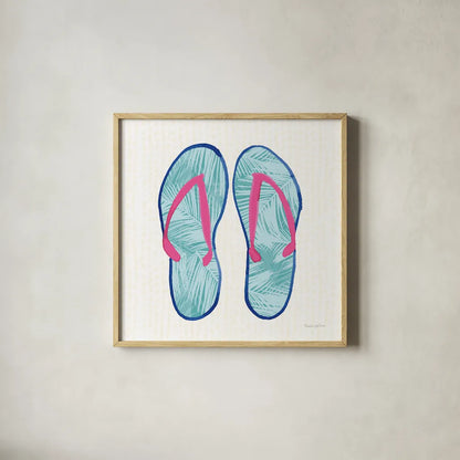 Laguna Flipflops II by Mercedes Lopez Charro. Shown in a natural wood glass frame for a timeless modern aesthetic. Available as an archival giclee rolled canvas, fine art paper, or poster print. SKU 82205a.