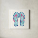 Laguna Flipflops II by Mercedes Lopez Charro. Shown in a crisp white glass frame for a clean and minimalist style. Available as an archival giclee rolled canvas, fine art paper, or poster print. SKU 82205a.