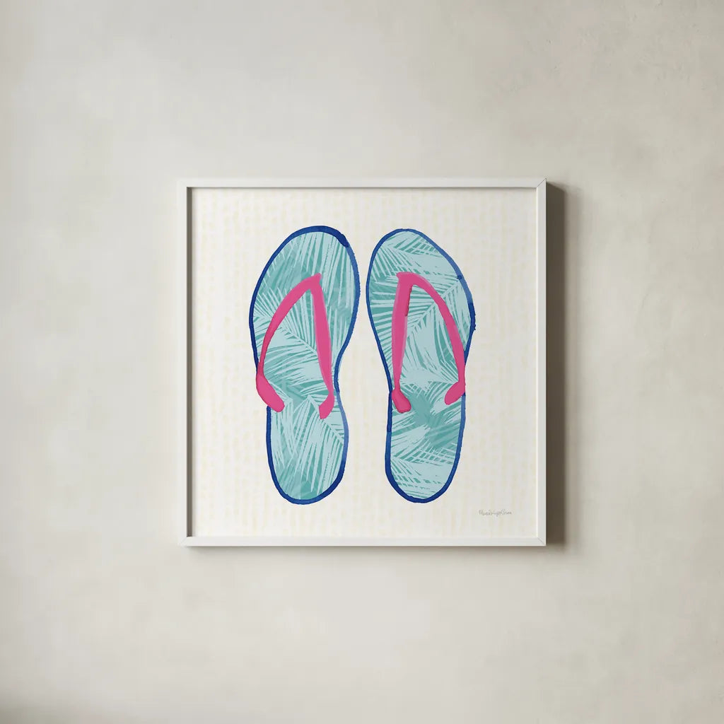 Laguna Flipflops II by Mercedes Lopez Charro. Shown in a crisp white glass frame for a clean and minimalist style. Available as an archival giclee rolled canvas, fine art paper, or poster print. SKU 82205a.