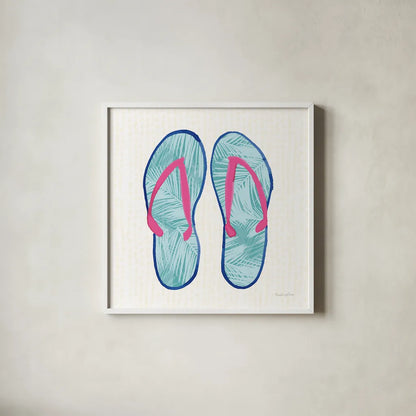Laguna Flipflops II by Mercedes Lopez Charro. Shown in a crisp white glass frame for a clean and minimalist style. Available as an archival giclee rolled canvas, fine art paper, or poster print. SKU 82205a.