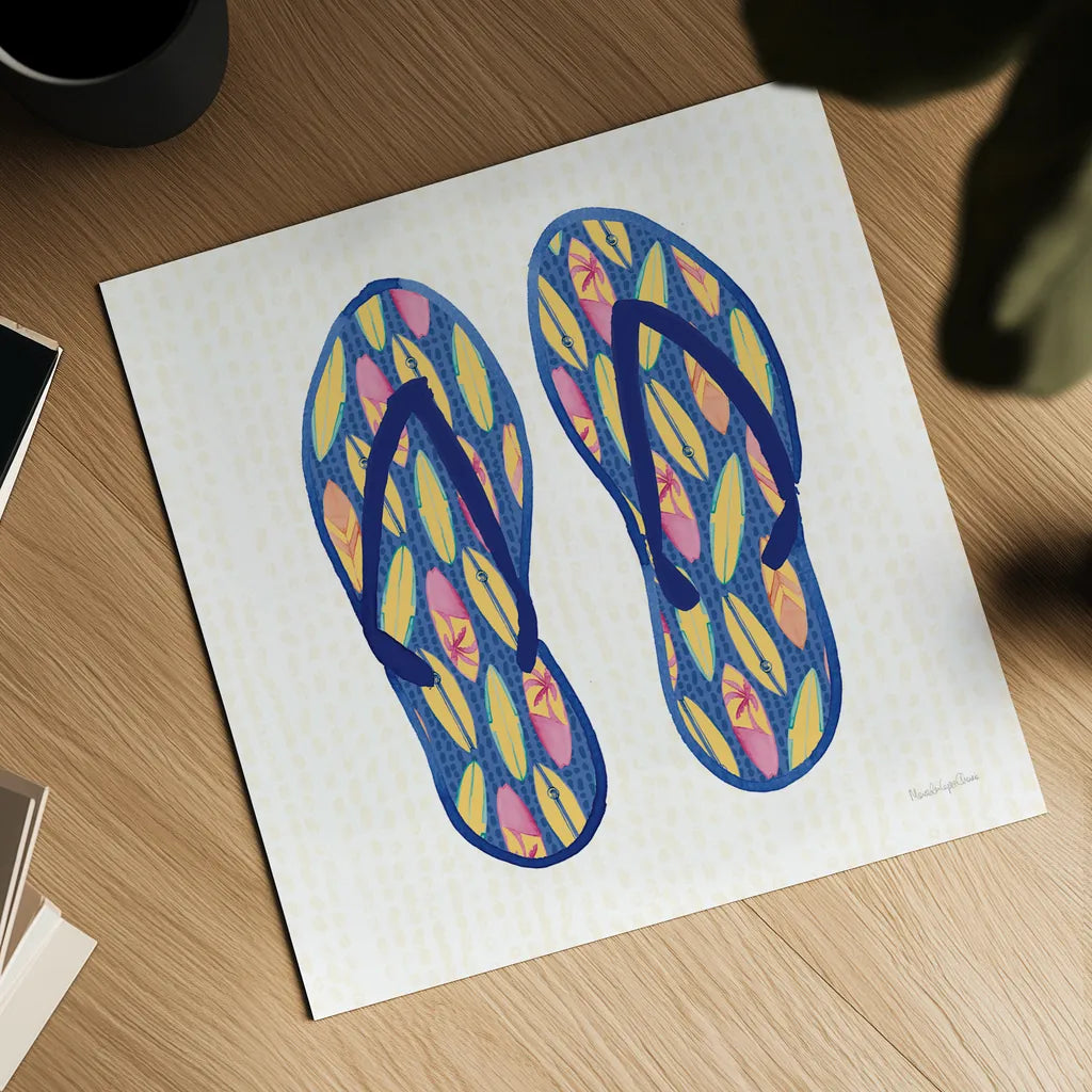 Laguna Flipflops III by Mercedes Lopez Charro. Shown as a detailed flat fine art print, highlighting archival giclee quality. Available as an archival giclee rolled canvas, fine art paper, or poster print. SKU 82206a.