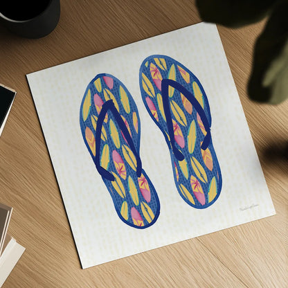 Laguna Flipflops III by Mercedes Lopez Charro. Shown as a detailed flat fine art print, highlighting archival giclee quality. Available as an archival giclee rolled canvas, fine art paper, or poster print. SKU 82206a.