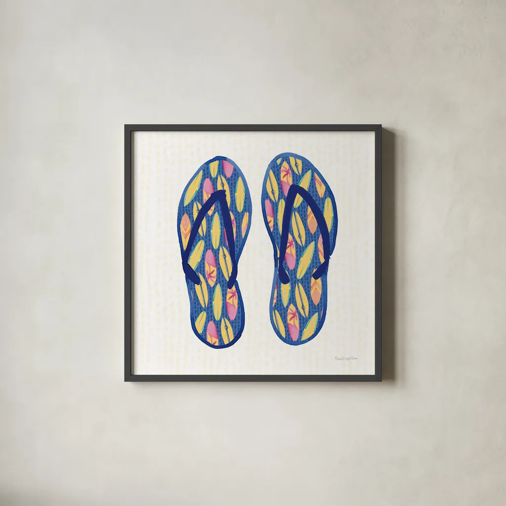 Laguna Flipflops III by Mercedes Lopez Charro. Shown in a sleek black glass frame for a contemporary gallery look. Available as an archival giclee rolled canvas, fine art paper, or poster print. SKU 82206a.