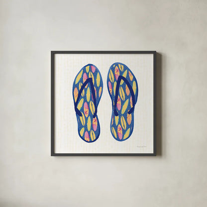 Laguna Flipflops III by Mercedes Lopez Charro. Shown in a sleek black glass frame for a contemporary gallery look. Available as an archival giclee rolled canvas, fine art paper, or poster print. SKU 82206a.