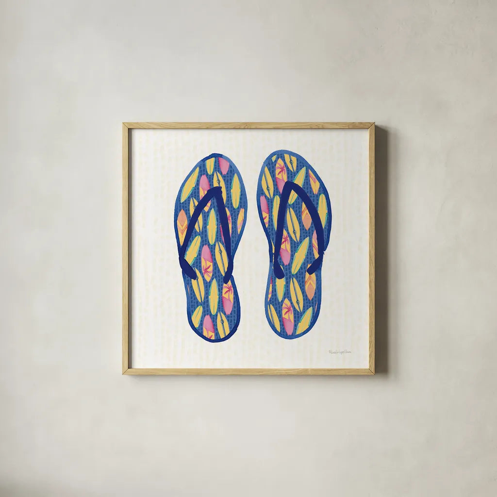 Laguna Flipflops III by Mercedes Lopez Charro. Shown in a natural wood glass frame for a timeless modern aesthetic. Available as an archival giclee rolled canvas, fine art paper, or poster print. SKU 82206a.