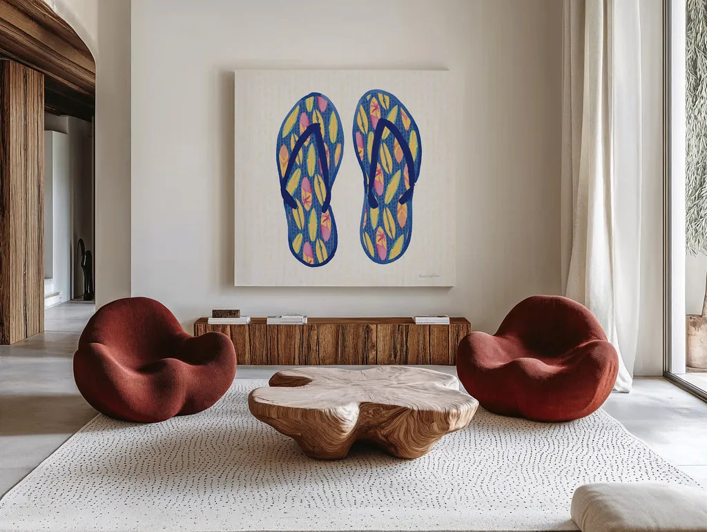 Laguna Flipflops III by Mercedes Lopez Charro. Shown as extra-large giant wall art in a modern living room. Available as an archival giclee rolled canvas, fine art paper, or poster print. SKU 82206a.