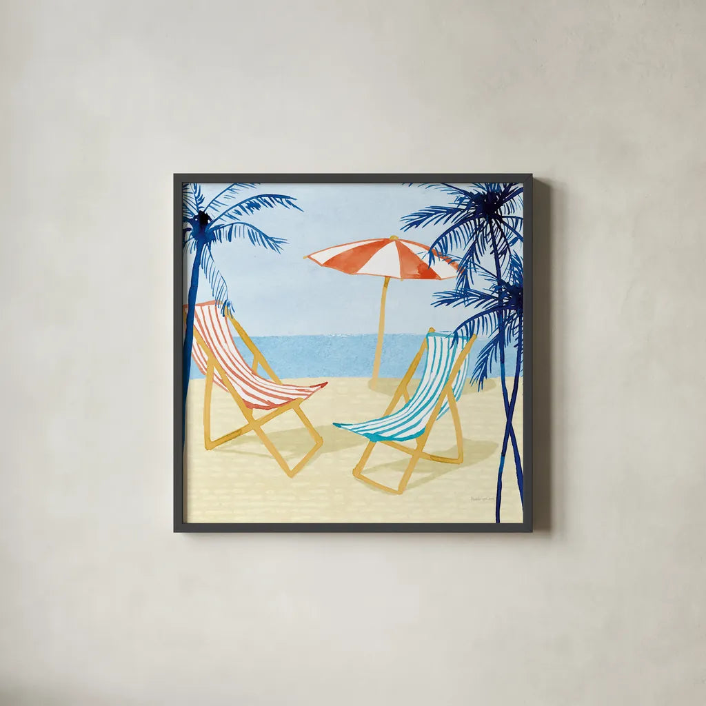 Laguna Lounging I by Mercedes Lopez Charro. Shown in a sleek black glass frame for a contemporary gallery look. Available as an archival giclee rolled canvas, fine art paper, or poster print. SKU 82207a.