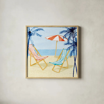 Laguna Lounging I by Mercedes Lopez Charro. Shown in a natural wood glass frame for a timeless modern aesthetic. Available as an archival giclee rolled canvas, fine art paper, or poster print. SKU 82207a.