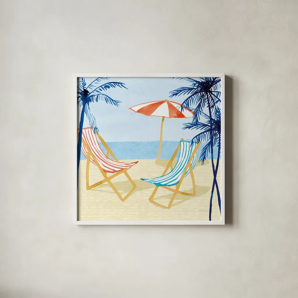 Laguna Lounging I by Mercedes Lopez Charro. Shown in a crisp white glass frame for a clean and minimalist style. Available as an archival giclee rolled canvas, fine art paper, or poster print. SKU 82207a.