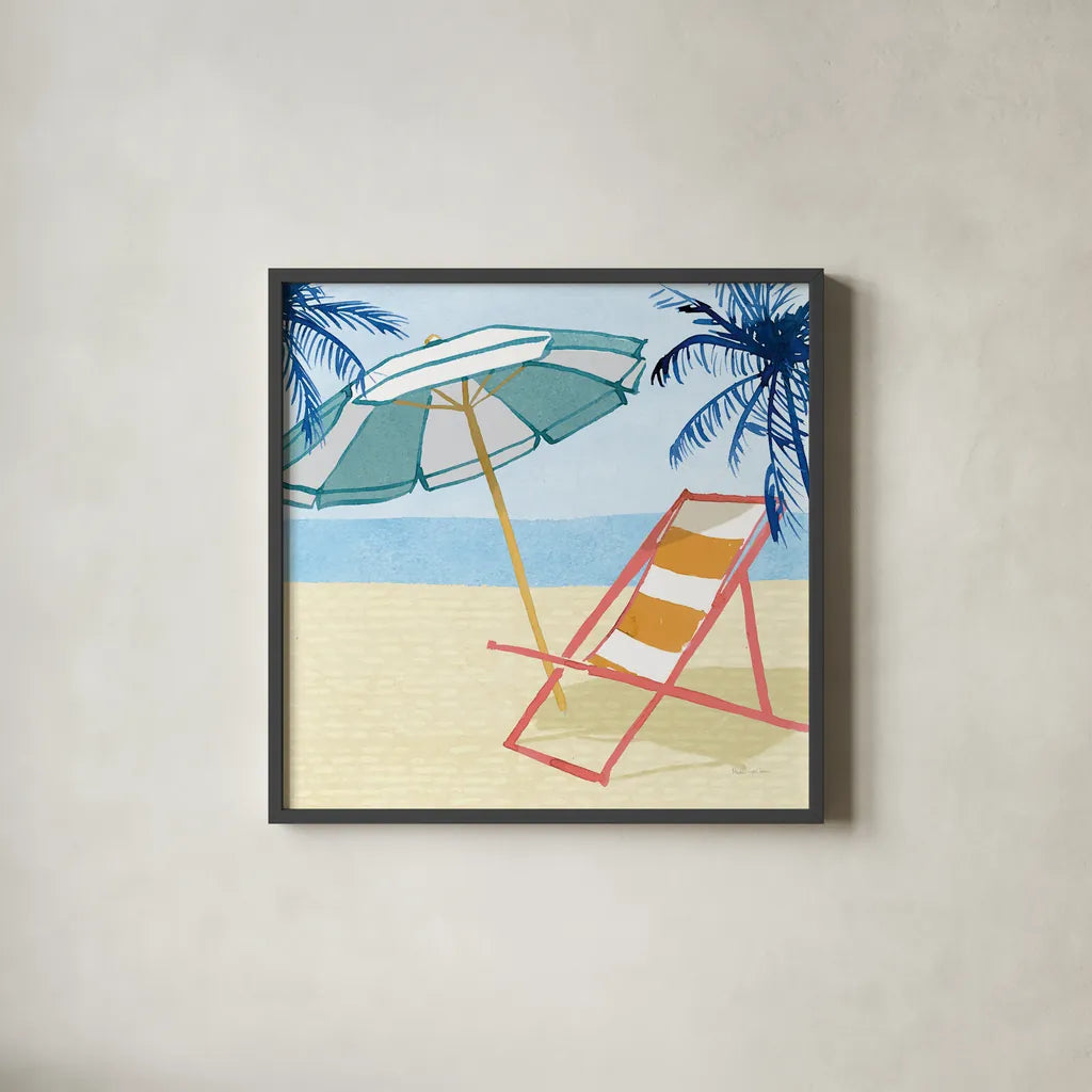 Laguna Lounging II by Mercedes Lopez Charro. Shown in a sleek black glass frame for a contemporary gallery look. Available as an archival giclee rolled canvas, fine art paper, or poster print. SKU 82208a.