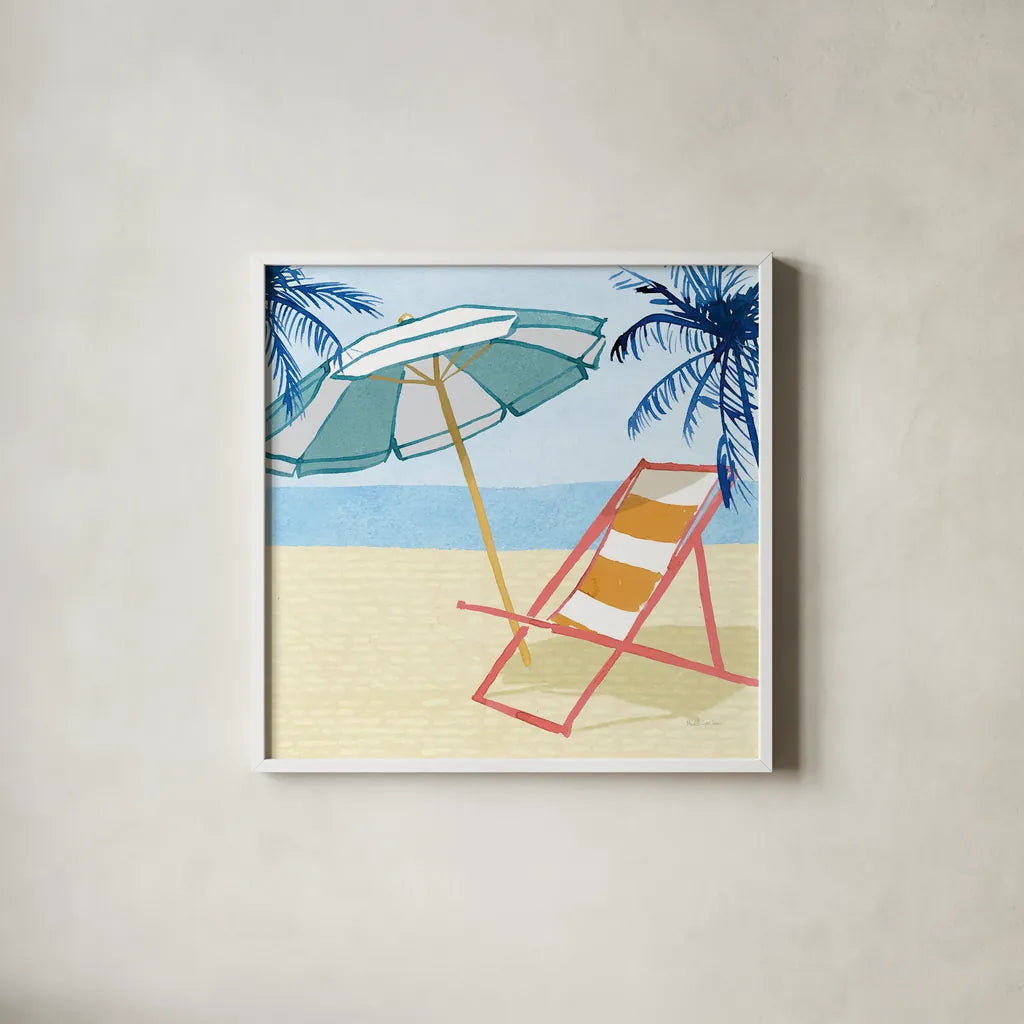 Laguna Lounging II by Mercedes Lopez Charro. Shown in a crisp white glass frame for a clean and minimalist style. Available as an archival giclee rolled canvas, fine art paper, or poster print. SKU 82208a.