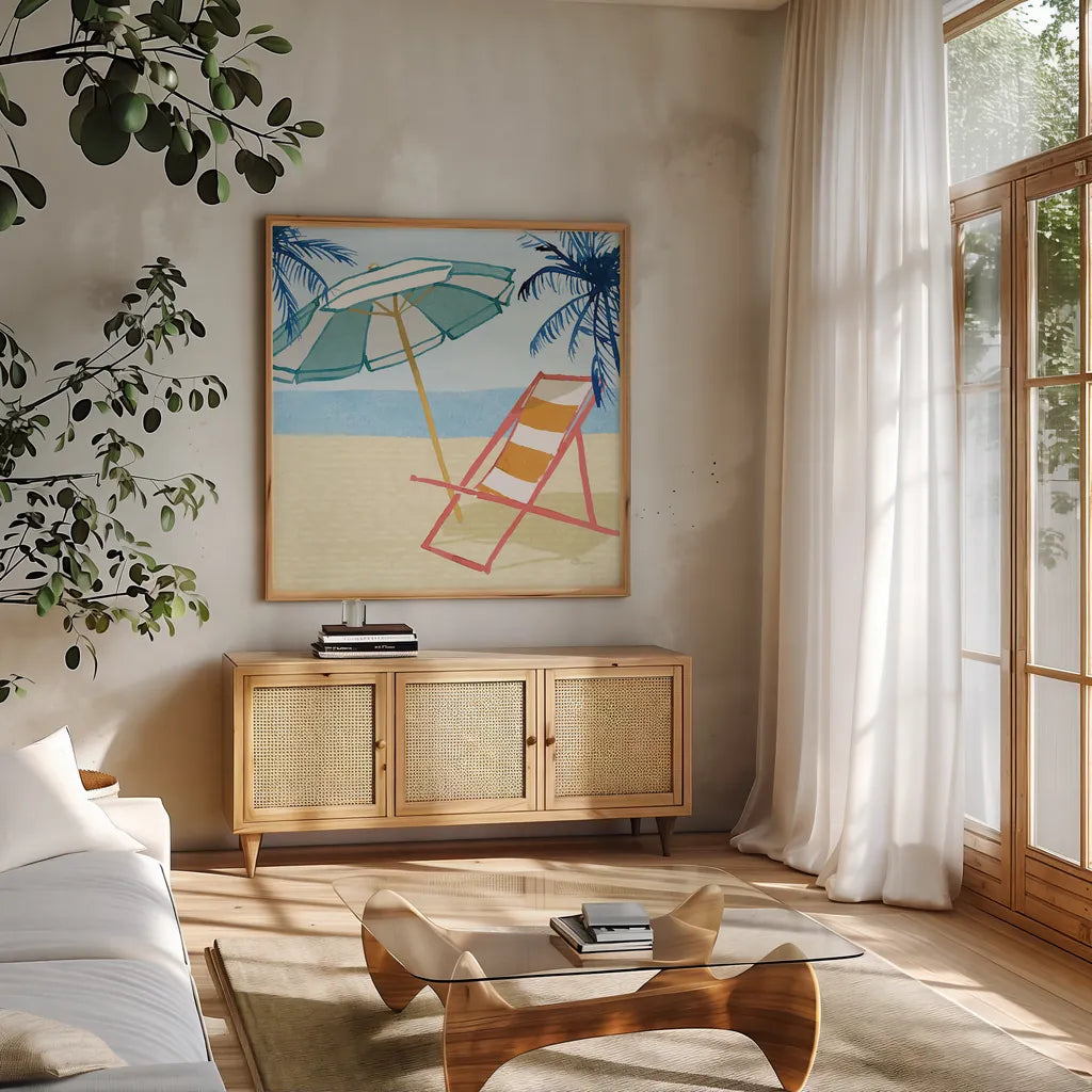 Laguna Lounging II by Mercedes Lopez Charro. Shown in a natural wood frame in a cozy modern living room. Available as an archival giclee rolled canvas, fine art paper, or poster print. SKU 82208a.