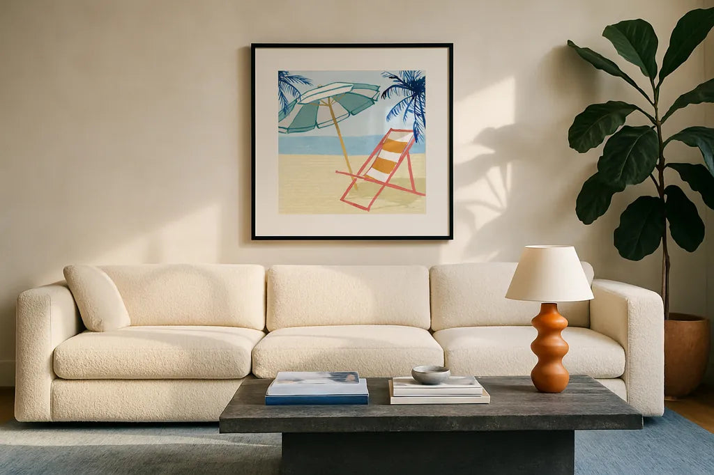 Laguna Lounging II by Mercedes Lopez Charro. Displayed in a glass frame with matte in a clean modern living room. Available as an archival giclee rolled canvas, fine art paper, or poster print. SKU 82208a.