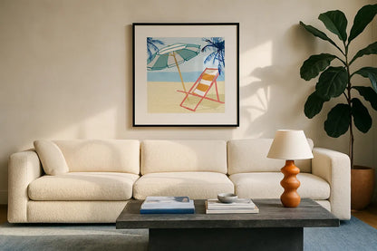 Laguna Lounging II by Mercedes Lopez Charro. Displayed in a glass frame with matte in a clean modern living room. Available as an archival giclee rolled canvas, fine art paper, or poster print. SKU 82208a.