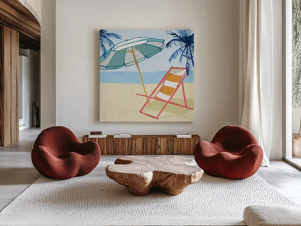 Laguna Lounging II by Mercedes Lopez Charro. Shown as extra-large giant wall art in a modern living room. Available as an archival giclee rolled canvas, fine art paper, or poster print. SKU 82208a.