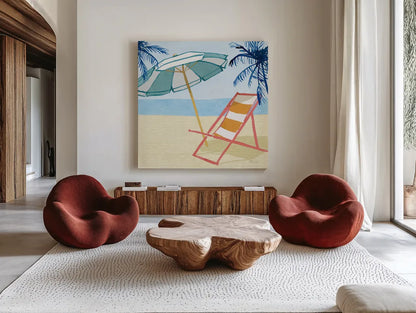 Laguna Lounging II by Mercedes Lopez Charro. Shown as extra-large giant wall art in a modern living room. Available as an archival giclee rolled canvas, fine art paper, or poster print. SKU 82208a.
