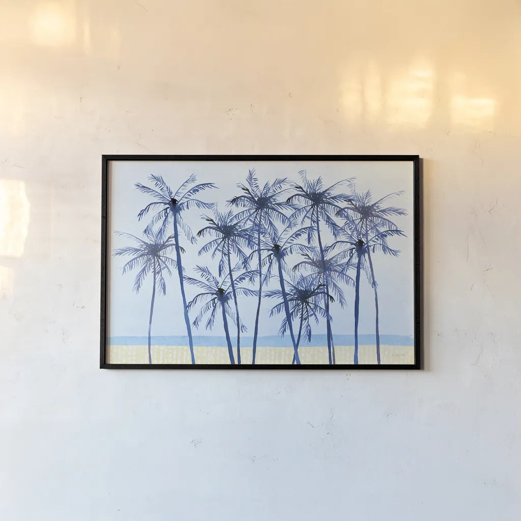 Laguna Palms I by Mercedes Lopez Charro. shown as a paper print in a black flame. Available as a archival giclee rolled canvas, fine art paper, or poster print. SKU 82209i.