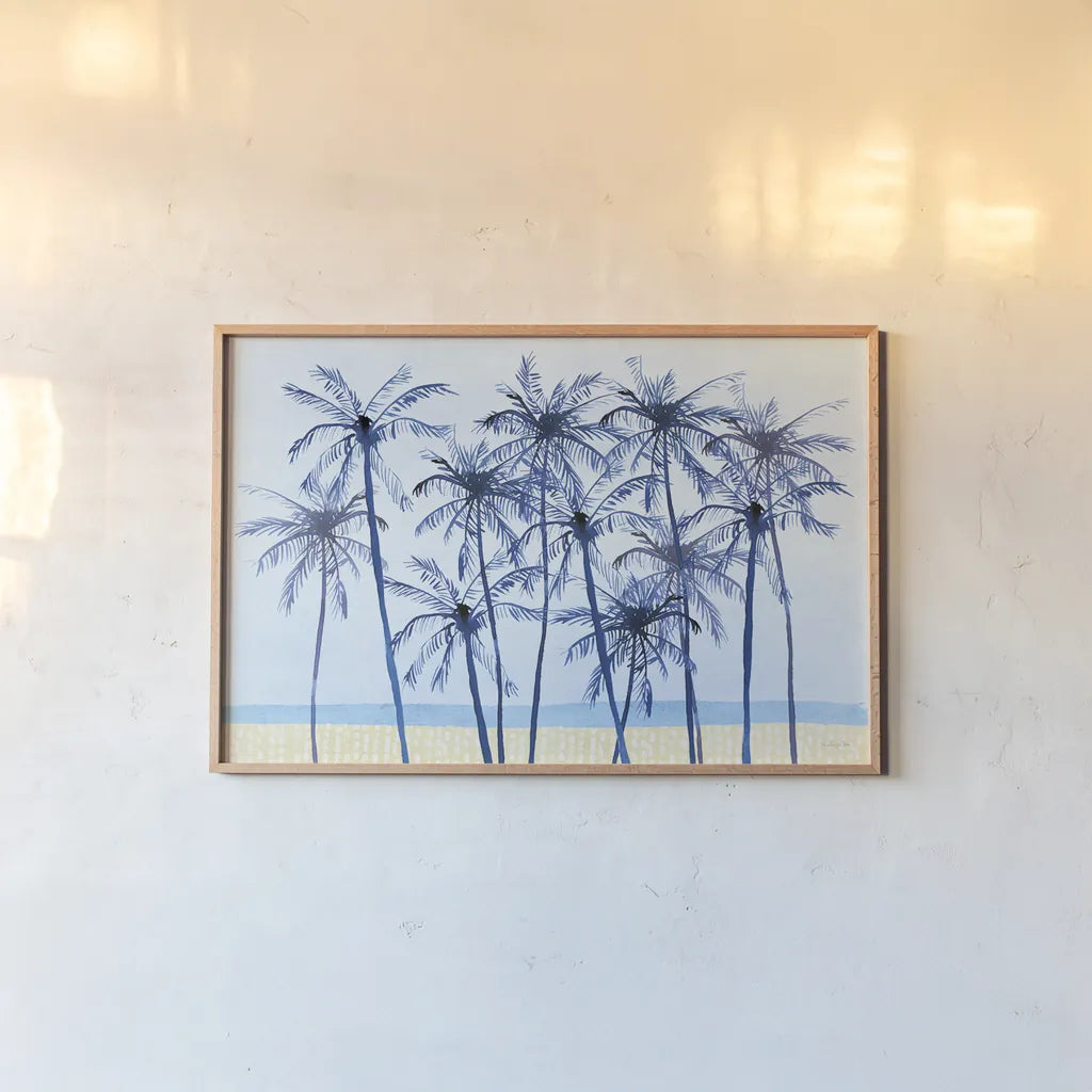 Laguna Palms I by Mercedes Lopez Charro. shown as a paper print in a natural frame. Available as a archival giclee rolled canvas, fine art paper, or poster print. SKU 82209i.