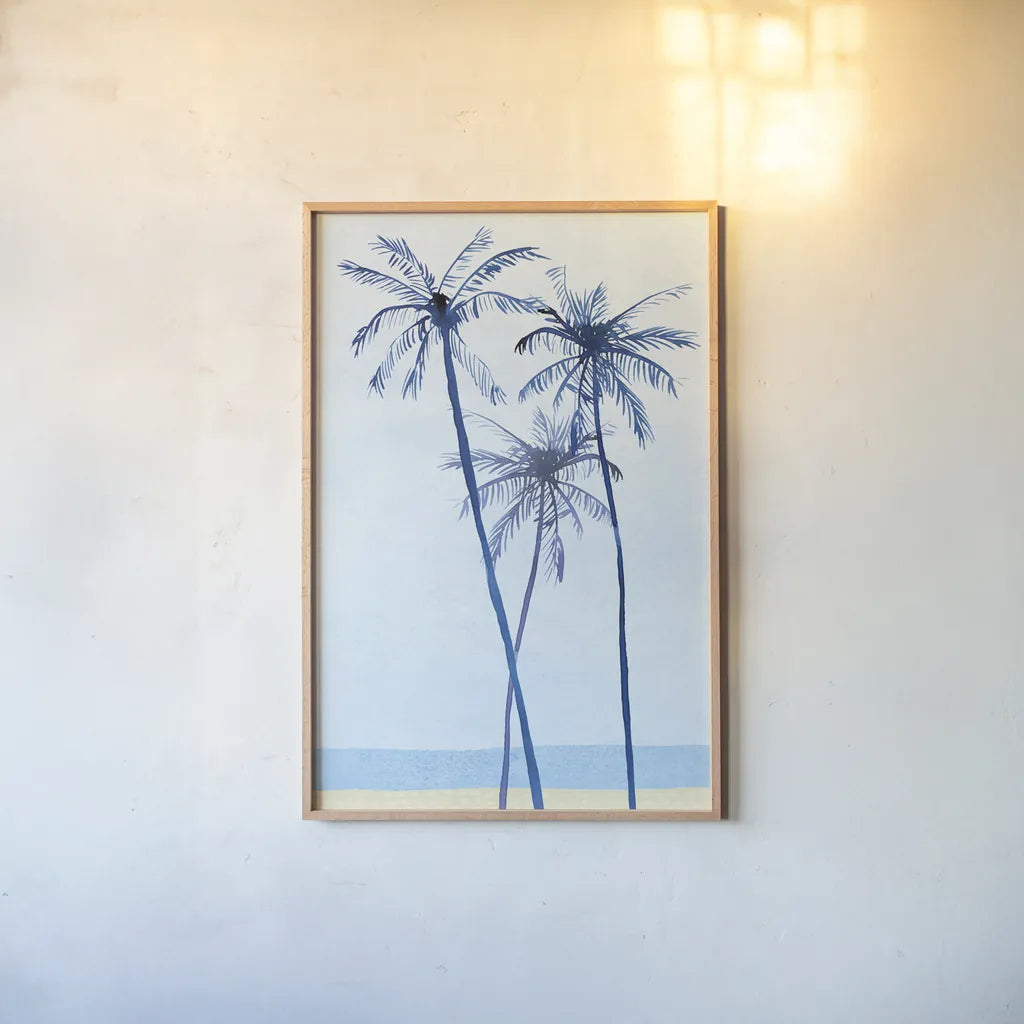 Laguna Palms Triptych II by Mercedes Lopez Charro. shown as a paper print in a natural frame. Available as a archival giclee rolled canvas, fine art paper, or poster print. SKU 82211h.