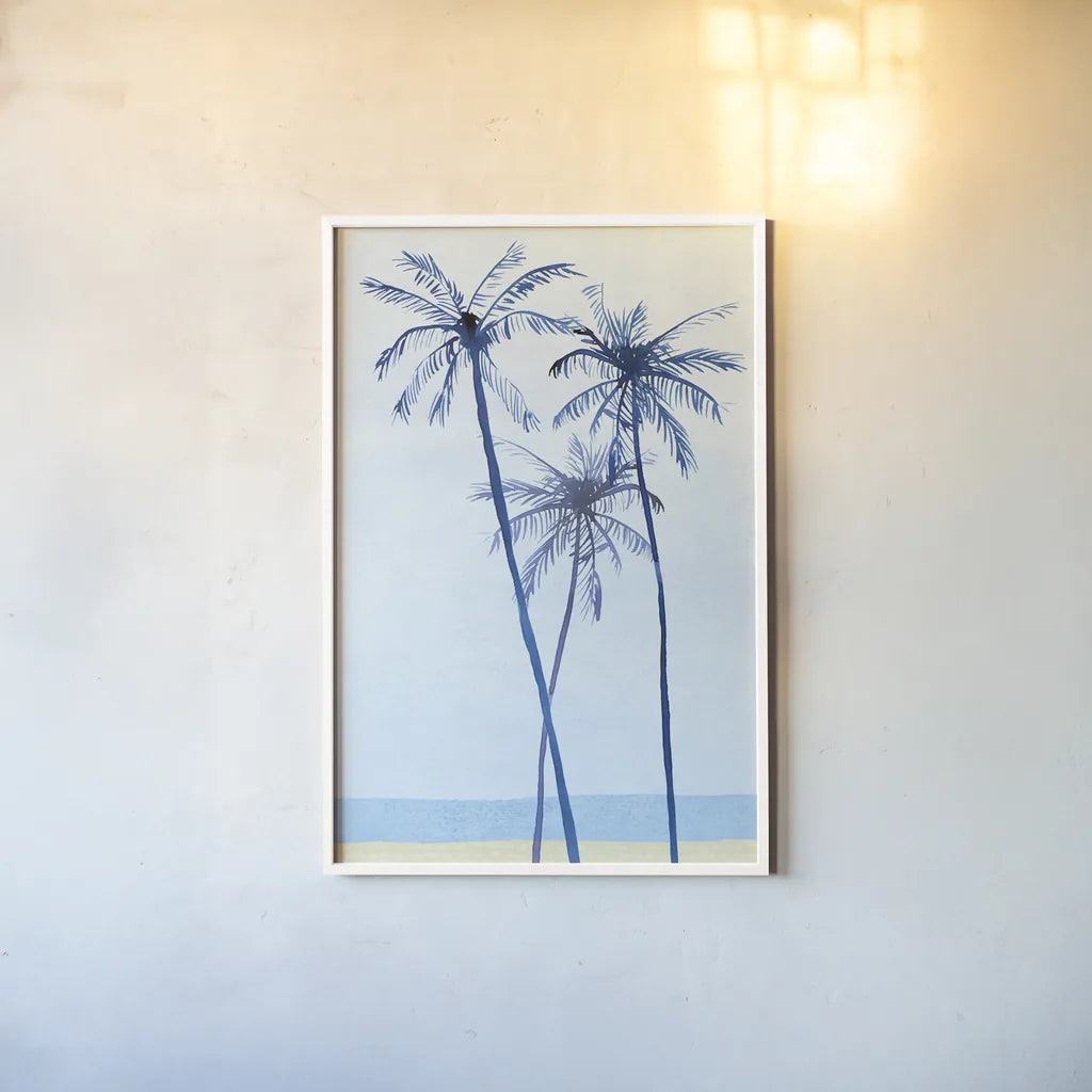 Laguna Palms Triptych II by Mercedes Lopez Charro. shown as a paper print in a white frame. Available as a archival giclee rolled canvas, fine art paper, or poster print. SKU 82211h.