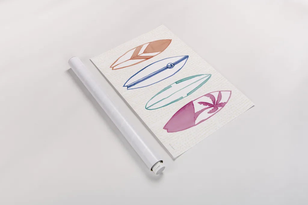 Laguna Surfboards I by Mercedes Lopez Charro. shown as a rolled paper print. Available as archival giclee rolled canvas, fine art paper, or poster print. SKU 82213i.