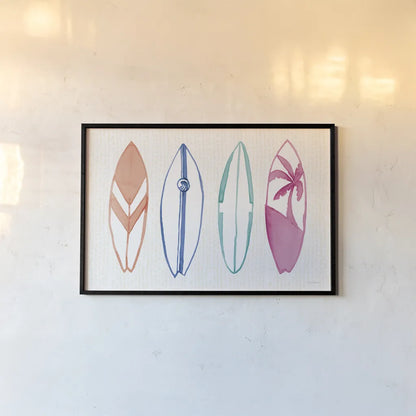 Laguna Surfboards I by Mercedes Lopez Charro. shown as a paper print in a black flame. Available as a archival giclee rolled canvas, fine art paper, or poster print. SKU 82213i.