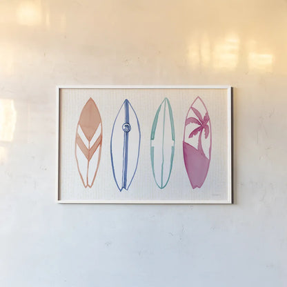 Laguna Surfboards I by Mercedes Lopez Charro. shown as a paper print in a white frame. Available as a archival giclee rolled canvas, fine art paper, or poster print. SKU 82213i.