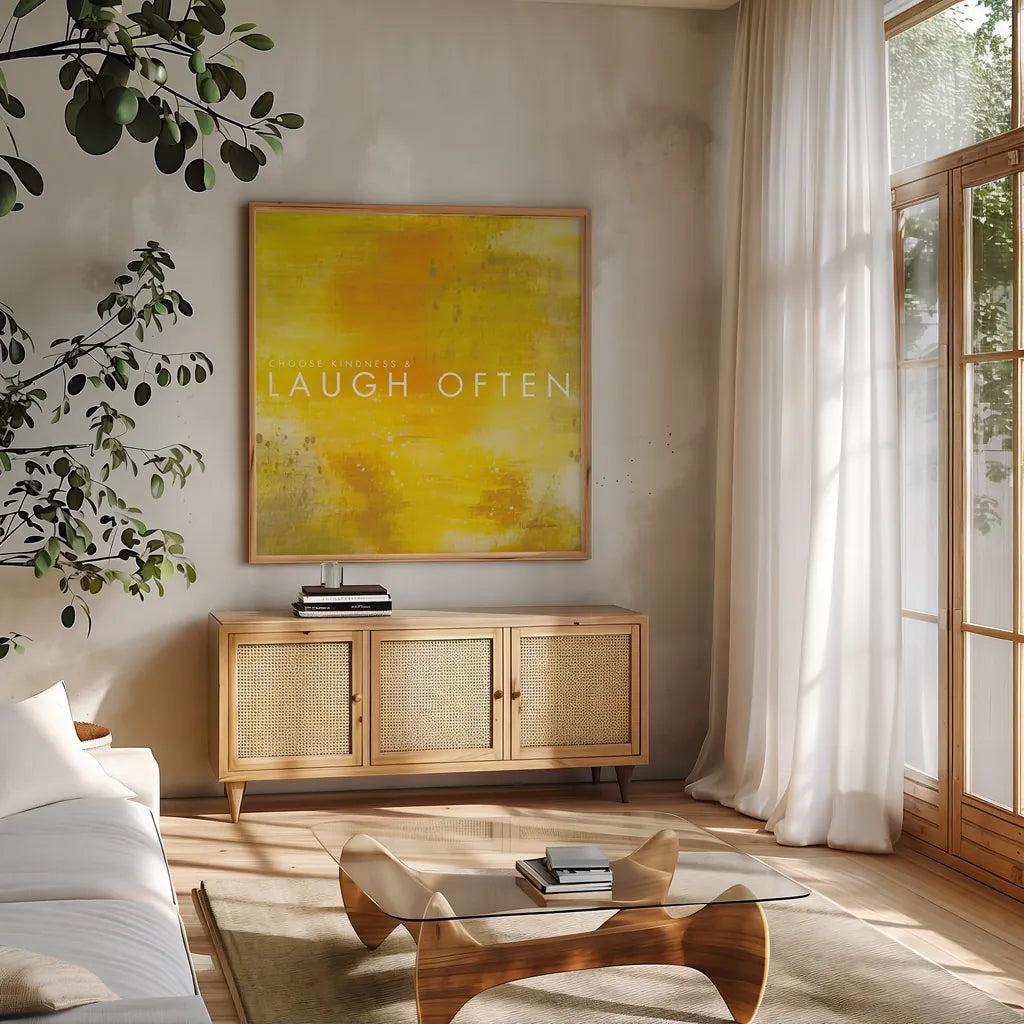 Laugh Often by Mercedes Lopez Charro. Shown in a natural wood frame in a cozy modern living room. Available as an archival giclee rolled canvas, fine art paper, or poster print. SKU 67816a.