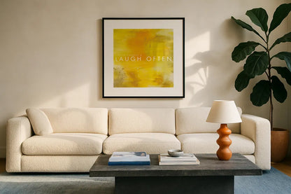 Laugh Often by Mercedes Lopez Charro. Displayed in a glass frame with matte in a clean modern living room. Available as an archival giclee rolled canvas, fine art paper, or poster print. SKU 67816a.