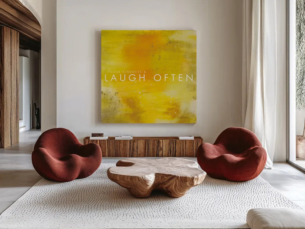 Laugh Often by Mercedes Lopez Charro. Shown as extra-large giant wall art in a modern living room. Available as an archival giclee rolled canvas, fine art paper, or poster print. SKU 67816a.
