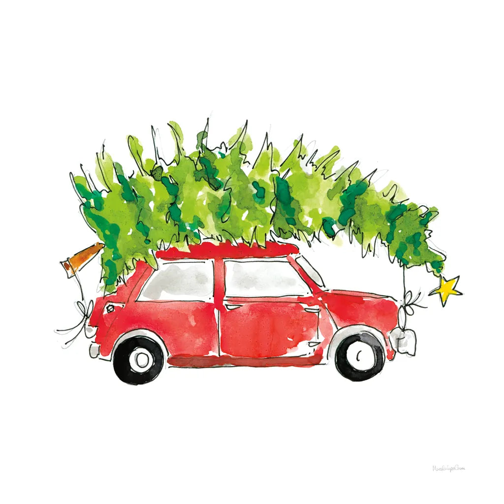 Little Red Holiday Car I by Mercedes Lopez Charro. SKU 67974a. Archival Giclee Fine art print for wall decor.