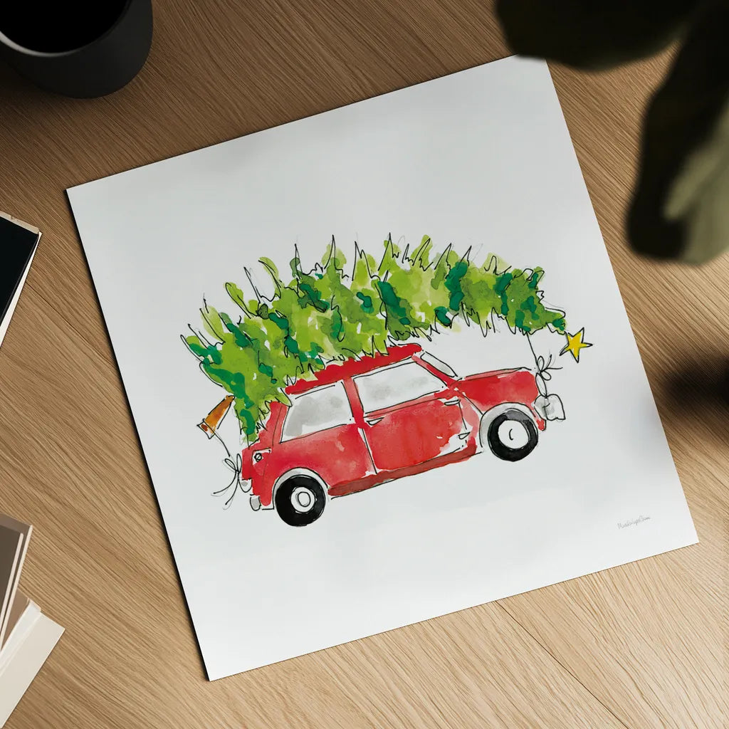 Little Red Holiday Car I by Mercedes Lopez Charro. Shown as a detailed flat fine art print, highlighting archival giclee quality. Available as an archival giclee rolled canvas, fine art paper, or poster print. SKU 67974a.