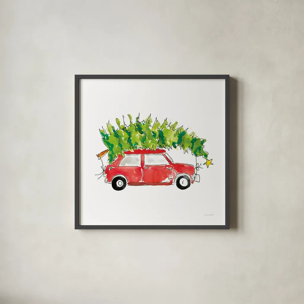 Little Red Holiday Car I by Mercedes Lopez Charro. Shown in a sleek black glass frame for a contemporary gallery look. Available as an archival giclee rolled canvas, fine art paper, or poster print. SKU 67974a.