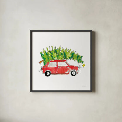 Little Red Holiday Car I by Mercedes Lopez Charro. Shown in a sleek black glass frame for a contemporary gallery look. Available as an archival giclee rolled canvas, fine art paper, or poster print. SKU 67974a.