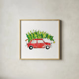 Little Red Holiday Car I by Mercedes Lopez Charro. Shown in a natural wood glass frame for a timeless modern aesthetic. Available as an archival giclee rolled canvas, fine art paper, or poster print. SKU 67974a.