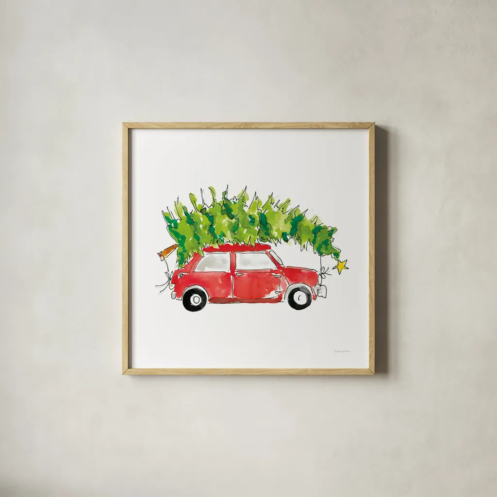 Little Red Holiday Car I by Mercedes Lopez Charro. Shown in a natural wood glass frame for a timeless modern aesthetic. Available as an archival giclee rolled canvas, fine art paper, or poster print. SKU 67974a.