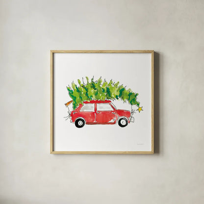Little Red Holiday Car I by Mercedes Lopez Charro. Shown in a natural wood glass frame for a timeless modern aesthetic. Available as an archival giclee rolled canvas, fine art paper, or poster print. SKU 67974a.