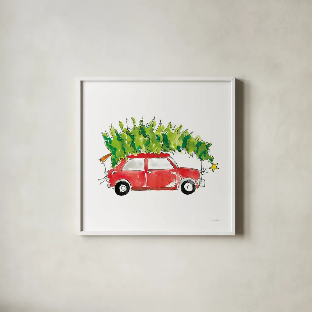 Little Red Holiday Car I by Mercedes Lopez Charro. Shown in a crisp white glass frame for a clean and minimalist style. Available as an archival giclee rolled canvas, fine art paper, or poster print. SKU 67974a.