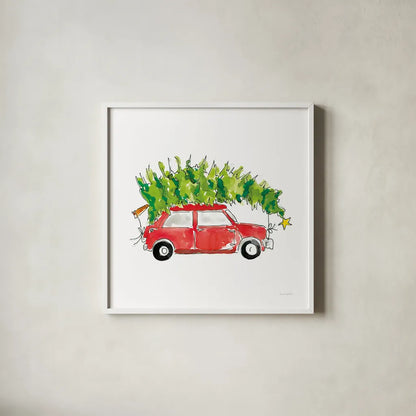 Little Red Holiday Car I by Mercedes Lopez Charro. Shown in a crisp white glass frame for a clean and minimalist style. Available as an archival giclee rolled canvas, fine art paper, or poster print. SKU 67974a.