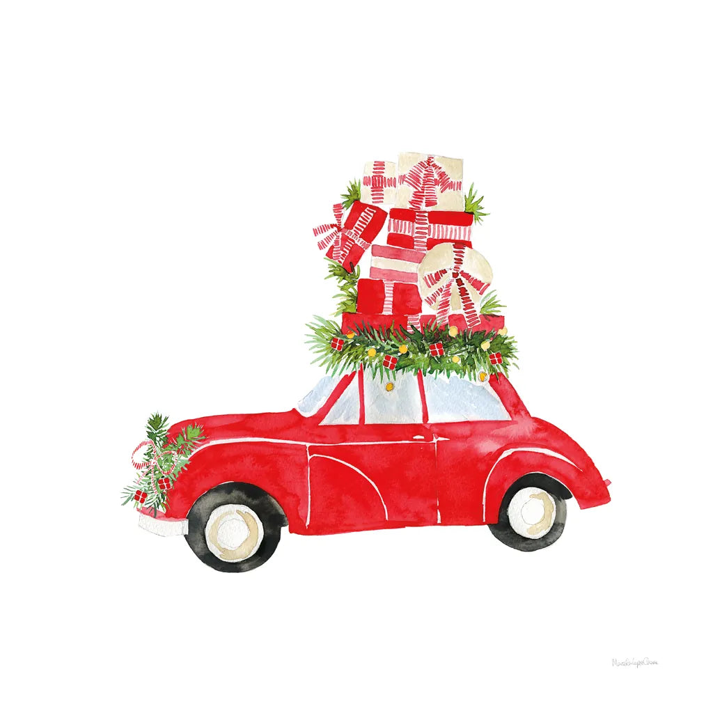 Little Red Holiday Car II by Mercedes Lopez Charro. SKU 67975a. Archival Giclee Fine art print for wall decor.