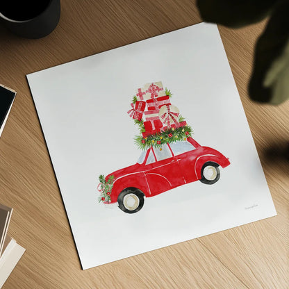 Little Red Holiday Car II by Mercedes Lopez Charro. Shown as a detailed flat fine art print, highlighting archival giclee quality. Available as an archival giclee rolled canvas, fine art paper, or poster print. SKU 67975a.